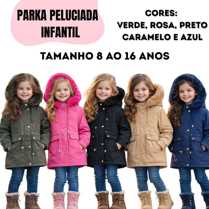 PARKA INFANTIL CASACO DE FRIO MENINA JUVENIL BLUSA PRO FIO KIDS JAQUETA PELUCIADA CAPUZ REMOVIVEL PUFFER PRETO ROSA PINK