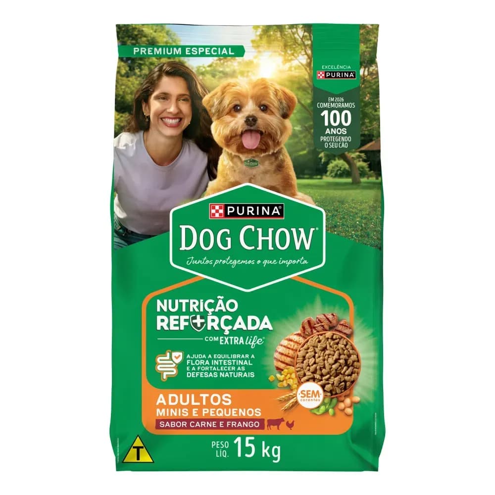 Dog Chow Extralife Ração Cães Adultos Minis e Pequenos Carne, Frango - 15 kg