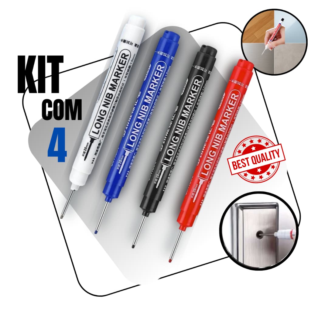 KIT 4 CANETAS MARCADORA PERMANENTE  DE PONTA LONGA MARCA FURO CARPINTEIRO/PEDREIRO!