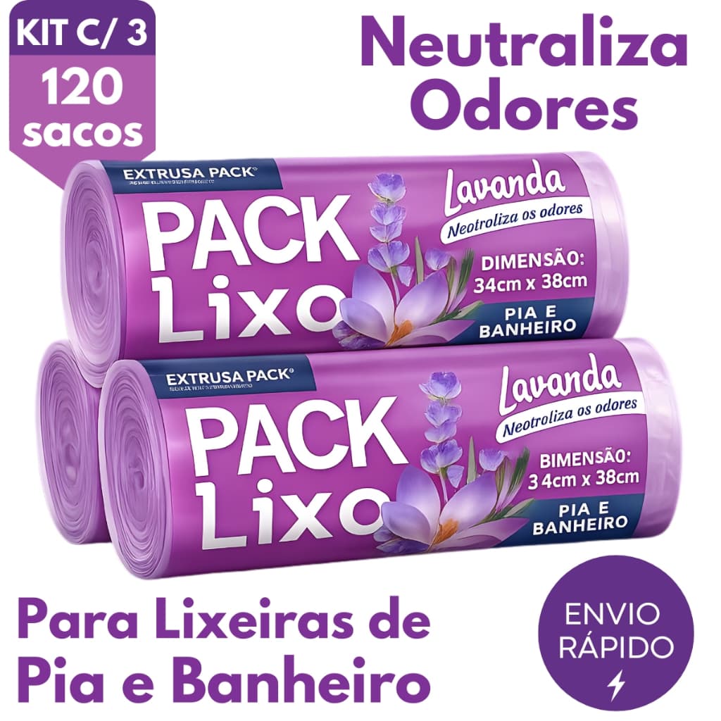 Kit 3 Pct Saco de Lixo Perfumado Lavanda  Para Pia e Banheiro 34x38cm Neutraliza Odores
