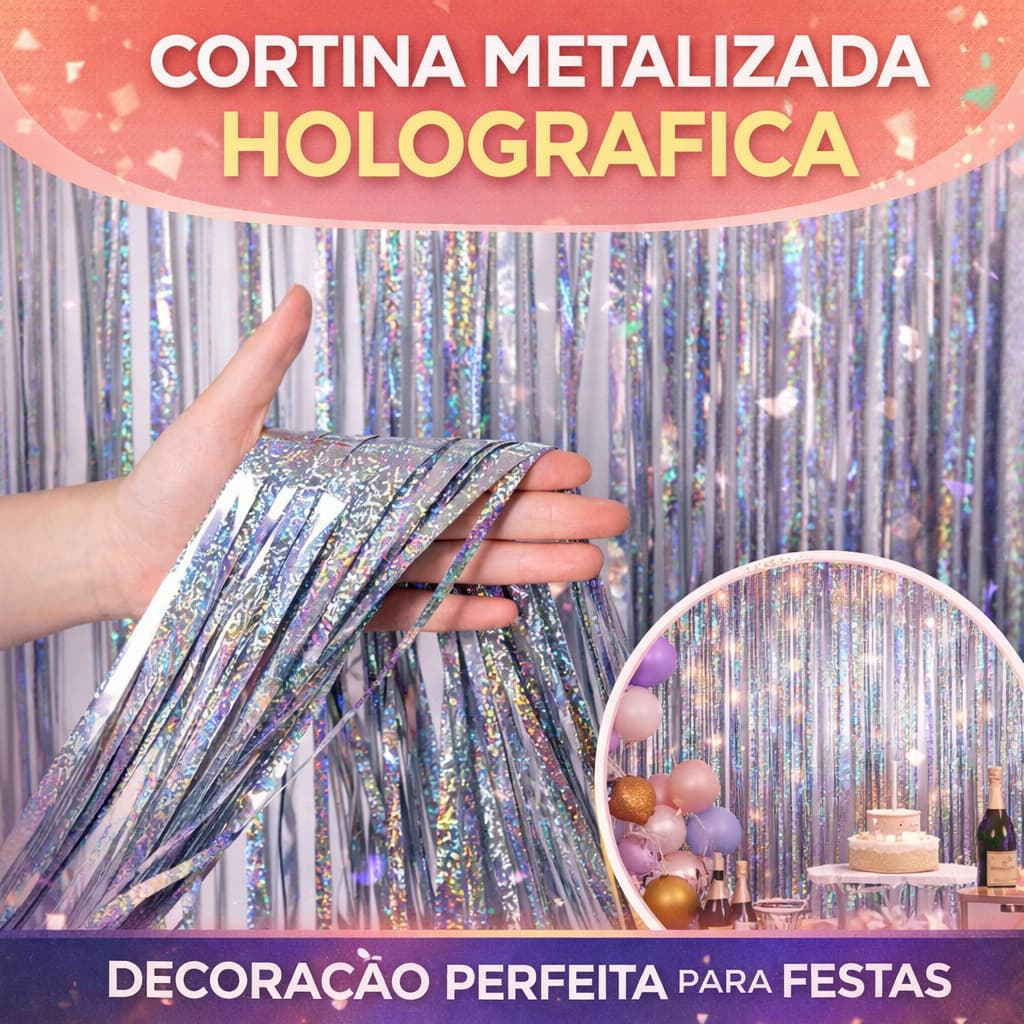 Kit 4 Cortina Holográfica Metalizada Franja 2x1m P/ Decoração De Festa