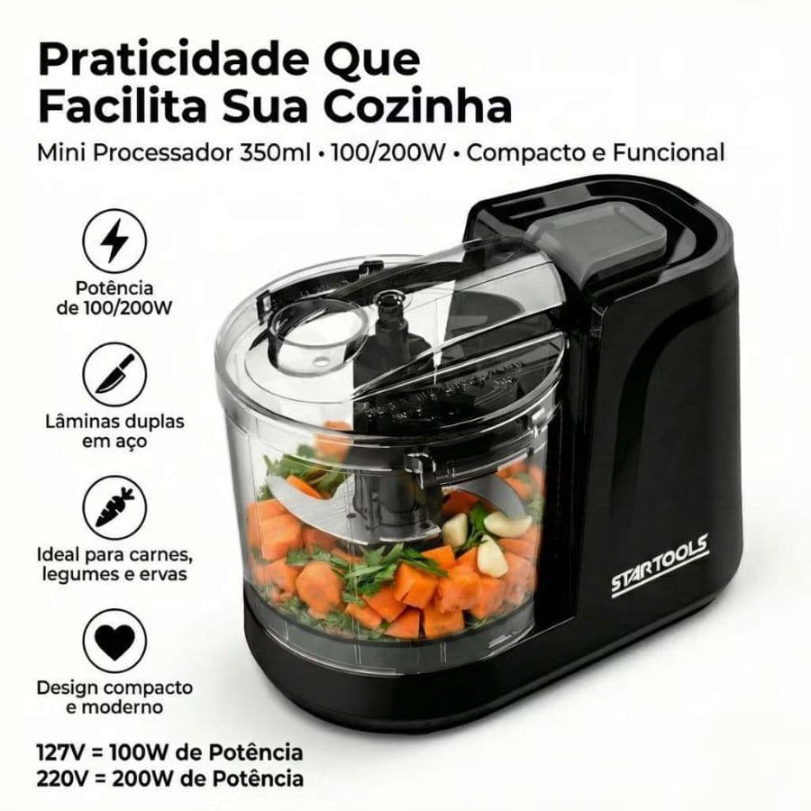 Mini Processador Elétrico 350ml 100W 127V Ou 200W 220V Triturador Compacto Alta Potencia Preto