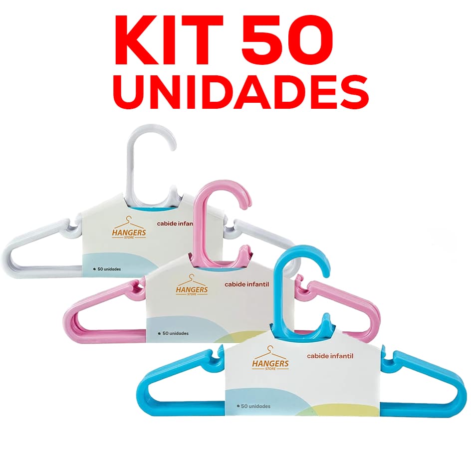 50 Cabides Infantil Reforçados para Organização de Roupas do bebe. Kit azul/rosa/branco