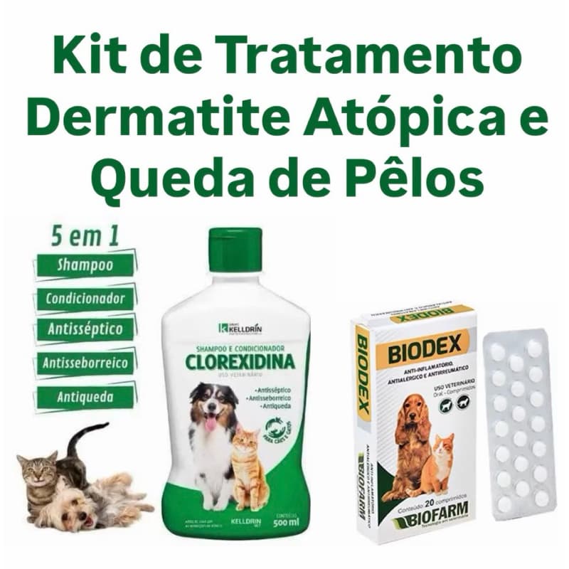 Kit de Tratamento Dermatite Atópica e Quedas de Pêlos Shampoo Clorexidina 500ml + Biodex 20 Comprimidos