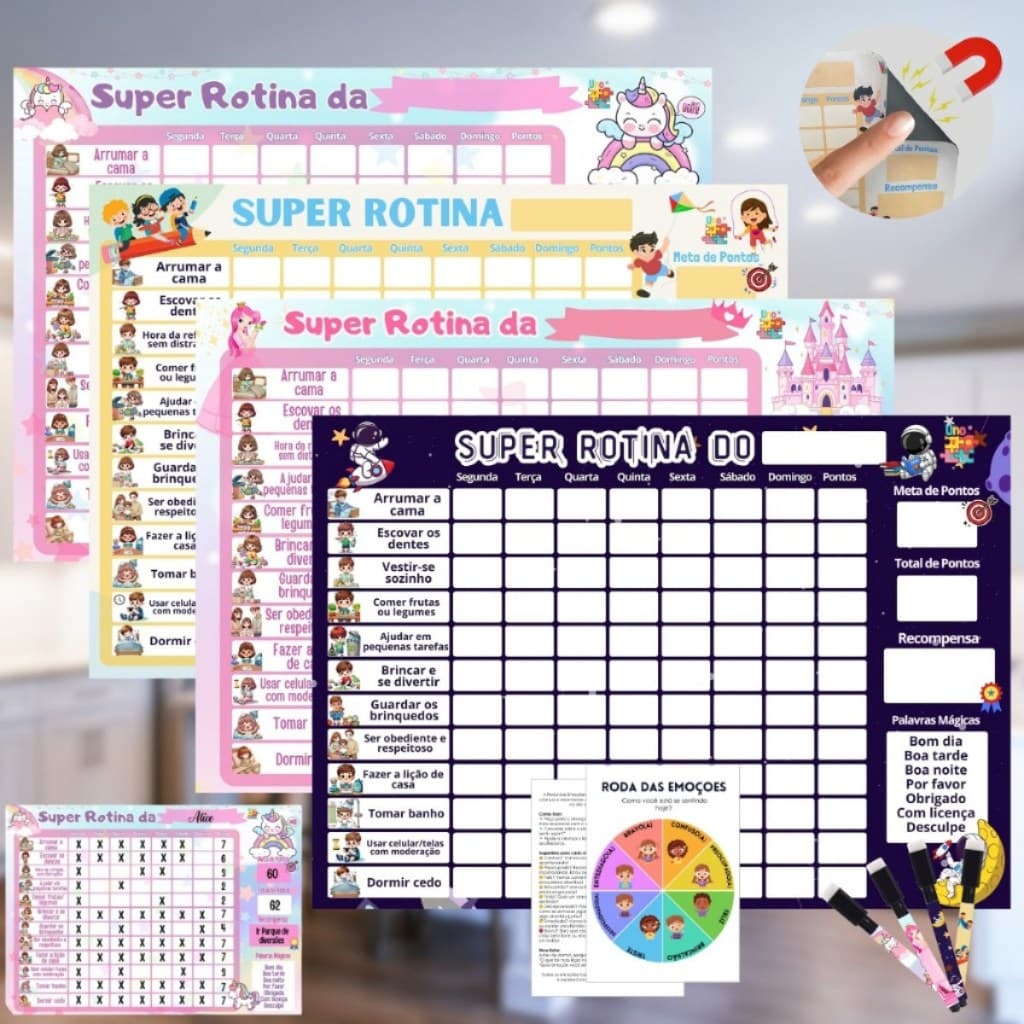 Quadro do Incentivo Magnetico Personalizado Infantil Semanal Rotina 29x20cm e Caneta com Imã emoções