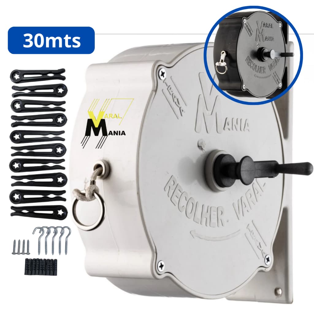 Varal Recolhível Parede 30m Resistente Ao Sol e Chuva + 10 Pregadores + Kit Instalar