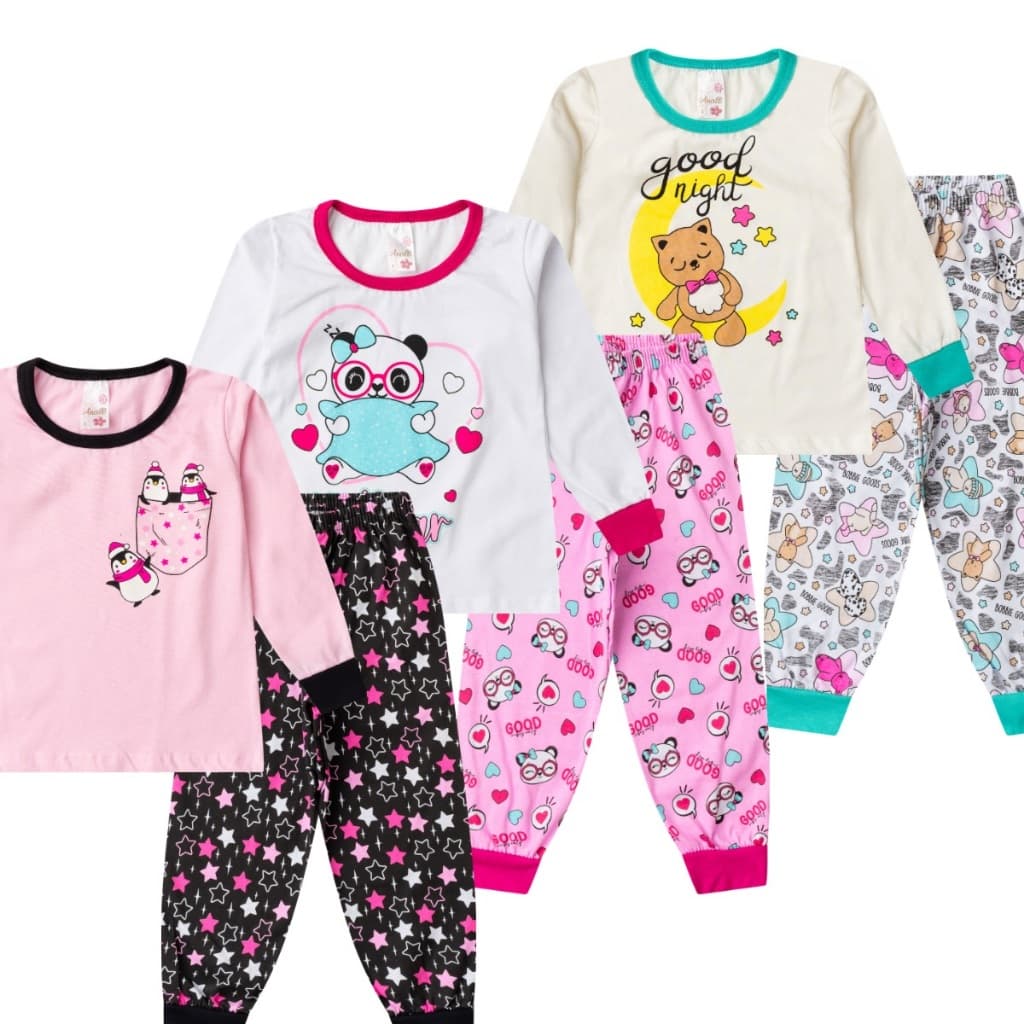 Kit 3 Pijama Infantil Menina Manga Longa Algodão
