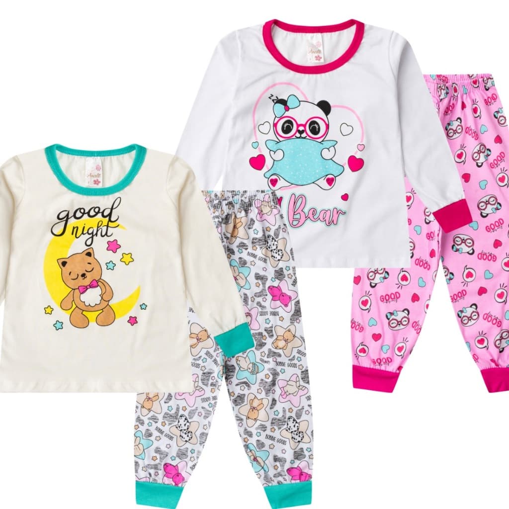 Kit 2 Pijamas Infantil Menina Feminino Algodão Inverno