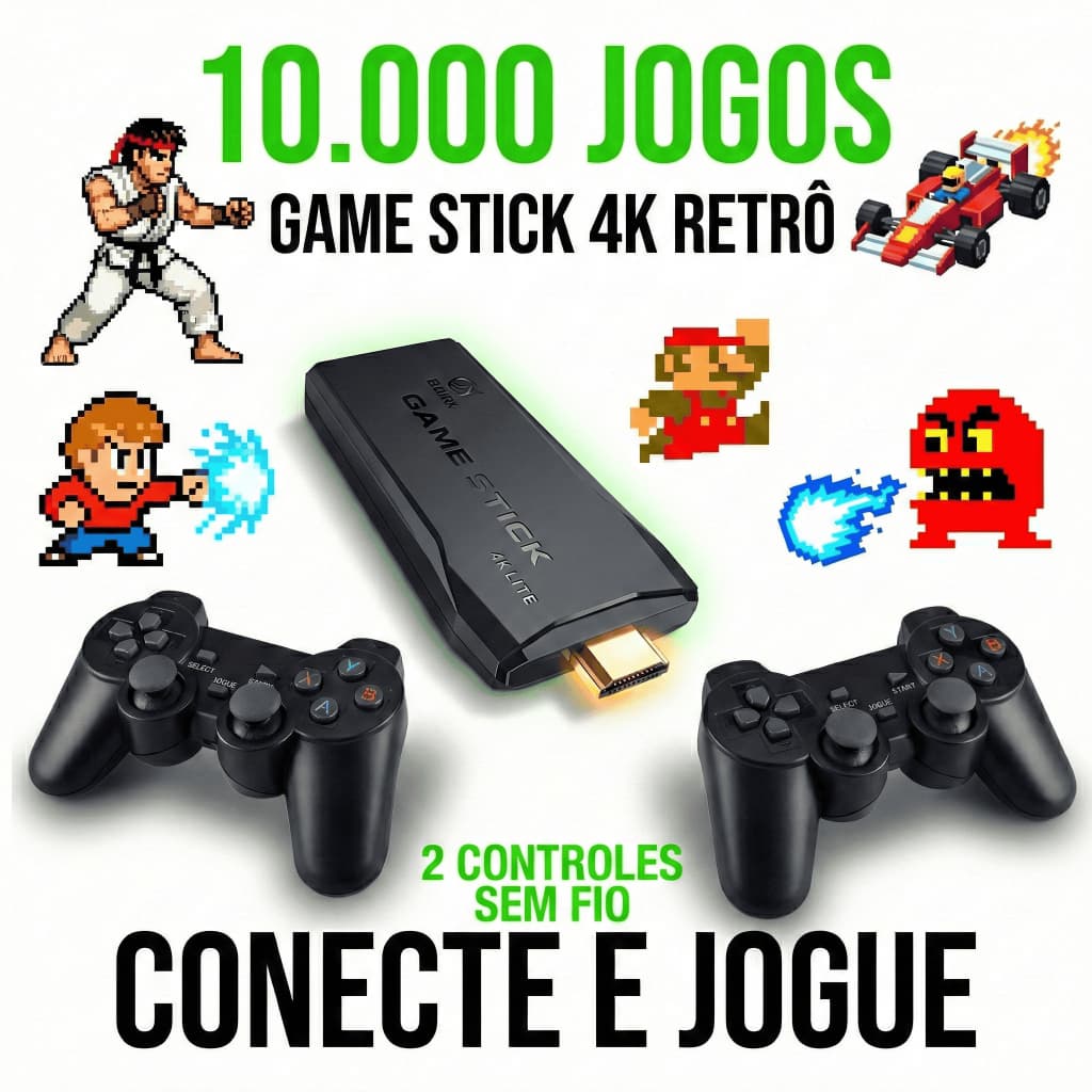 Game Stick 4K Retrô |10.000 Jogos | 2 Controles Sem Fio | Console HDMI Plug and Play| Jogos Clássicos| Conecte e Jogue