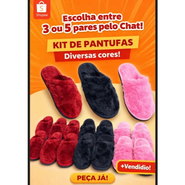 Kit 5 pares de Pantufa de Pelúcia, chinelo de quarto confortável, infantil e adulto 24/5 ao 41/2
