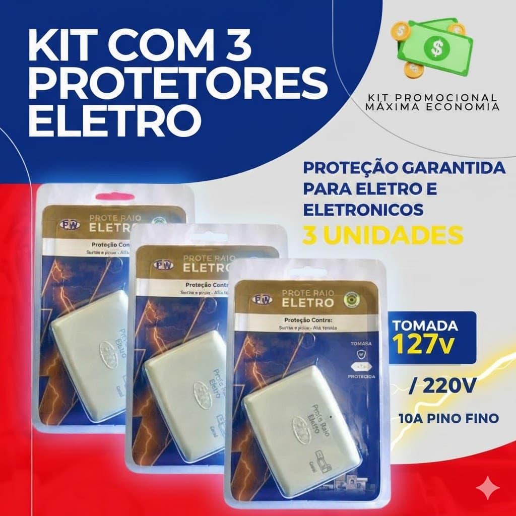 Kit com 3 Protetores de Raio PW Eletro 2 Tomadas - O Mais Vendido! Produto Nacional
