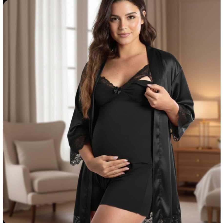 Kit 2 Peças Maternidade – Robe Romantic com Renda + Baby Doll de Amamentação