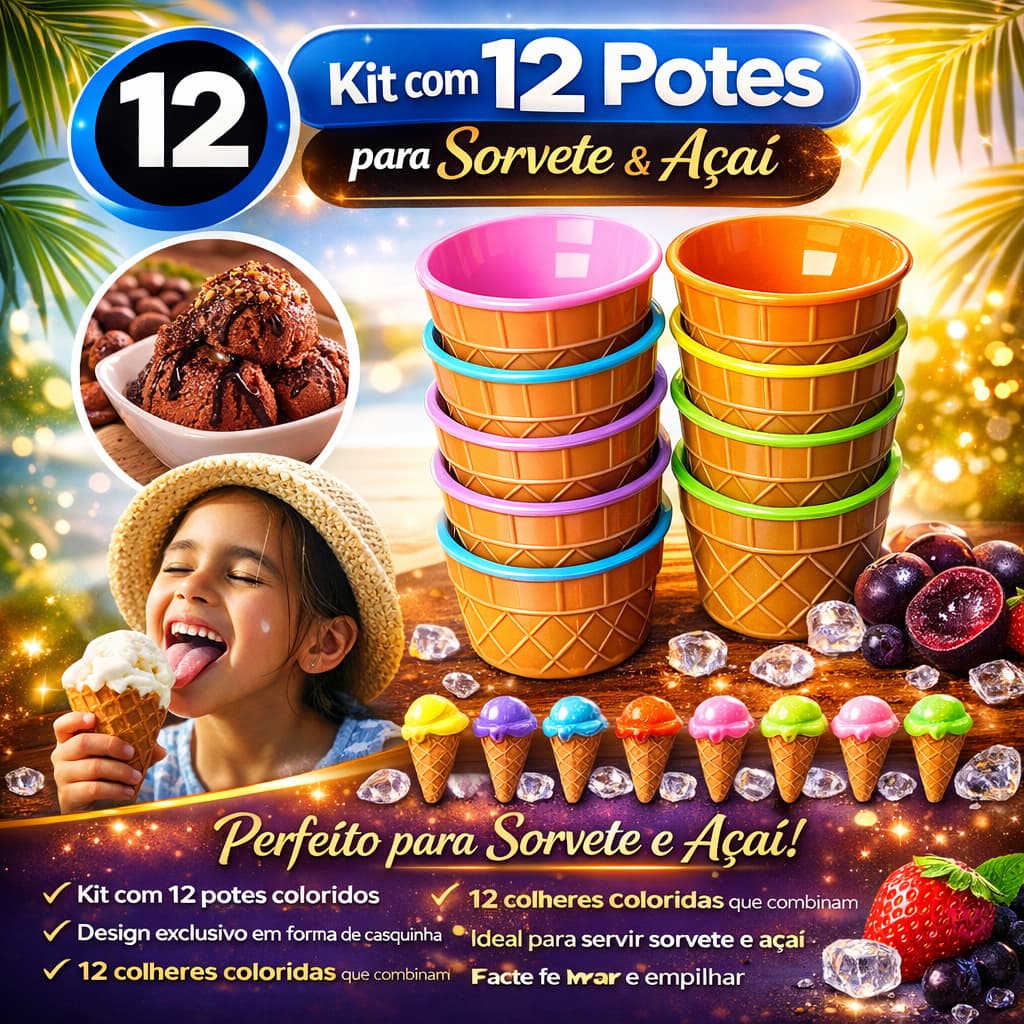 Potes de Sorvete com Colher Tigelas Sobremesa 3/6/12