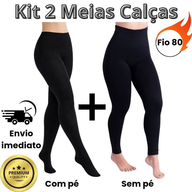 Kit 2 Meias Calças Fio 80 Femininas Adulto Flanelada Grossa Térmica Preta para Inverno