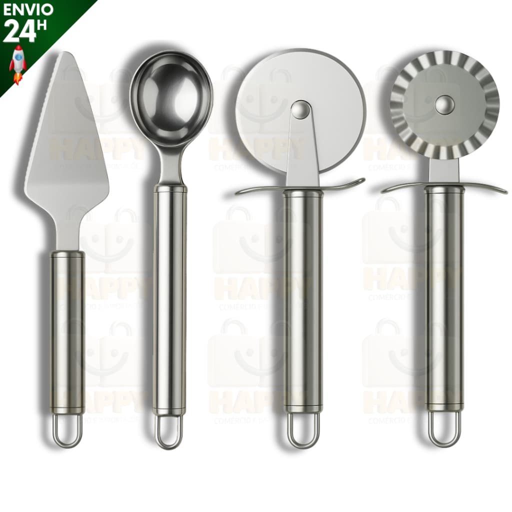 Kit 4 Peças Inox Cortador de Pizza, Carretilha Para Massa, Colher de Sorvete e Espátula de Bolo