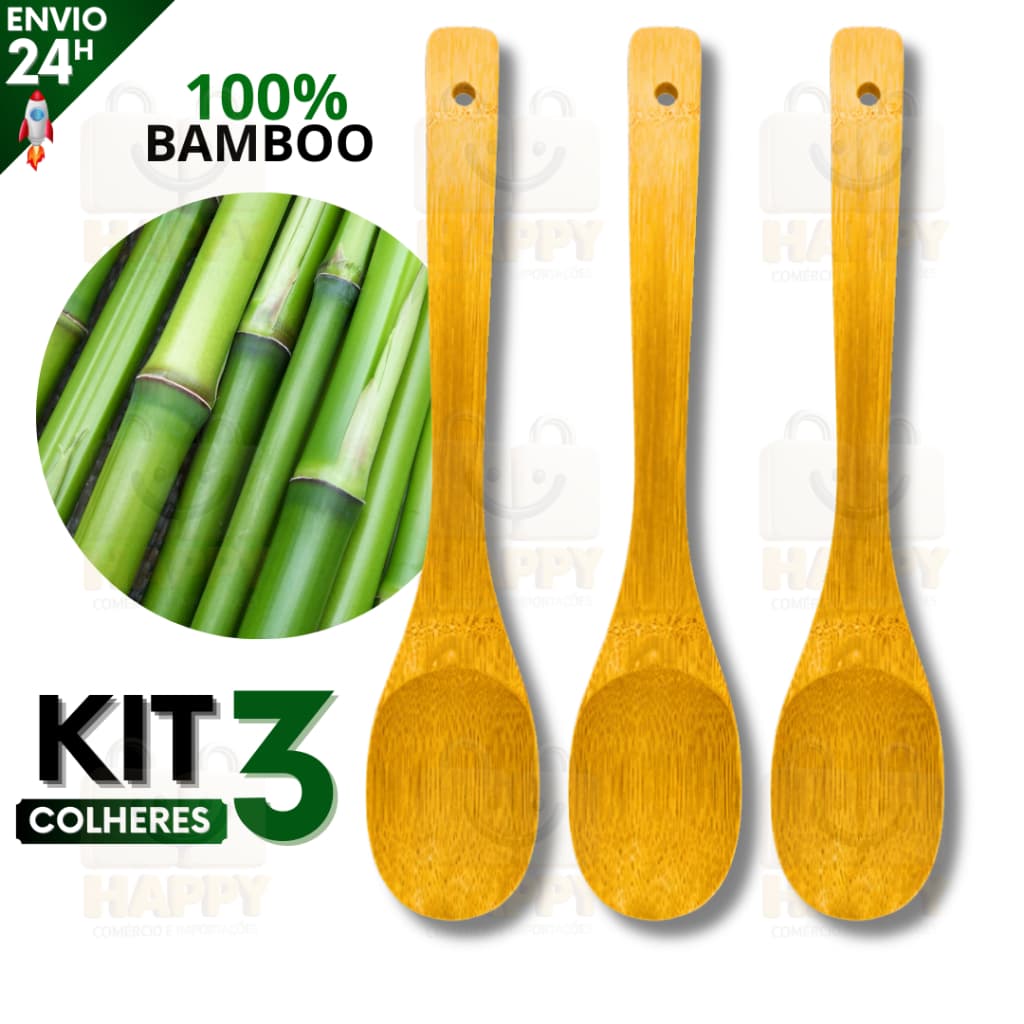 Kit 3 Colher de Bambu para Cozinhar 30 cm Madeira Bamboo Média Cozinha Gourmet