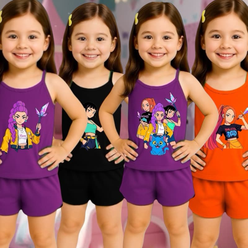 Pijama Infantil Feminino Curto Baby Doll Short Doll Alcinha Verão Huntrix Divas do K Pop