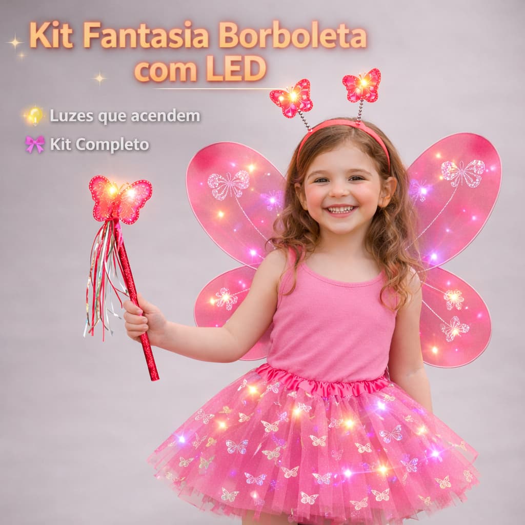 Kit Fantasia Borboleta Infantil com LED – Saia Tule + Asa + Varinha + Tiara | Carnaval Festa