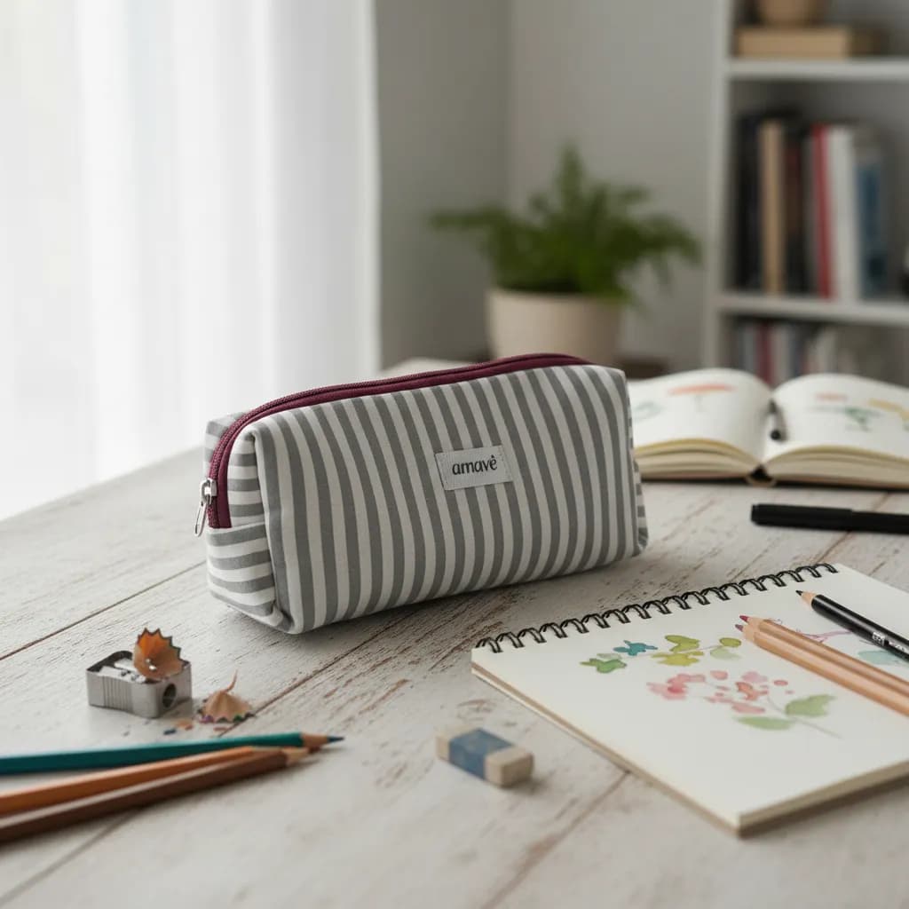 Estojo Escolar Feminino Box Listrado 100% Algodão Amavê | Porta Lápis Canetas Aesthetic Organizador