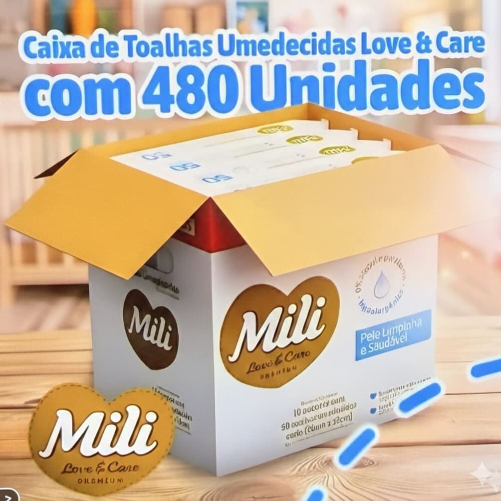Kit 480 ou 1.920 Lenços Toalhas Umedecidas Mili Love & Care Premium, Nova Embalagem Com 480 Toalhas, Mesma Fórmula