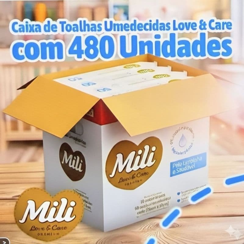Caixa Com 480 ou 1920 Toalhas Umedecidas Mili Love Care Premium, Nova Embalagem, Mesma Fórmula