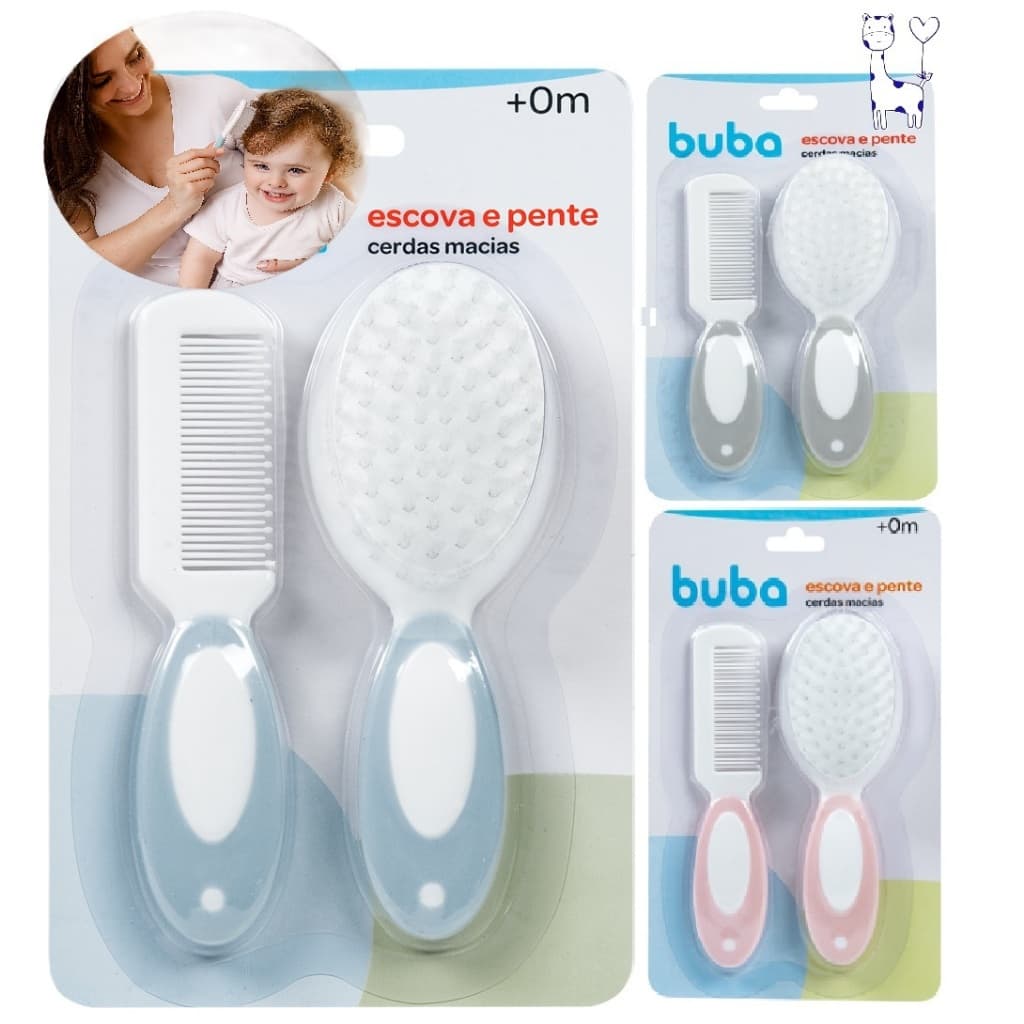 Kit Escova e Pente para Bebê Buba Cerdas Macias, Higiene e Cuidados com o Cabelo Infantil