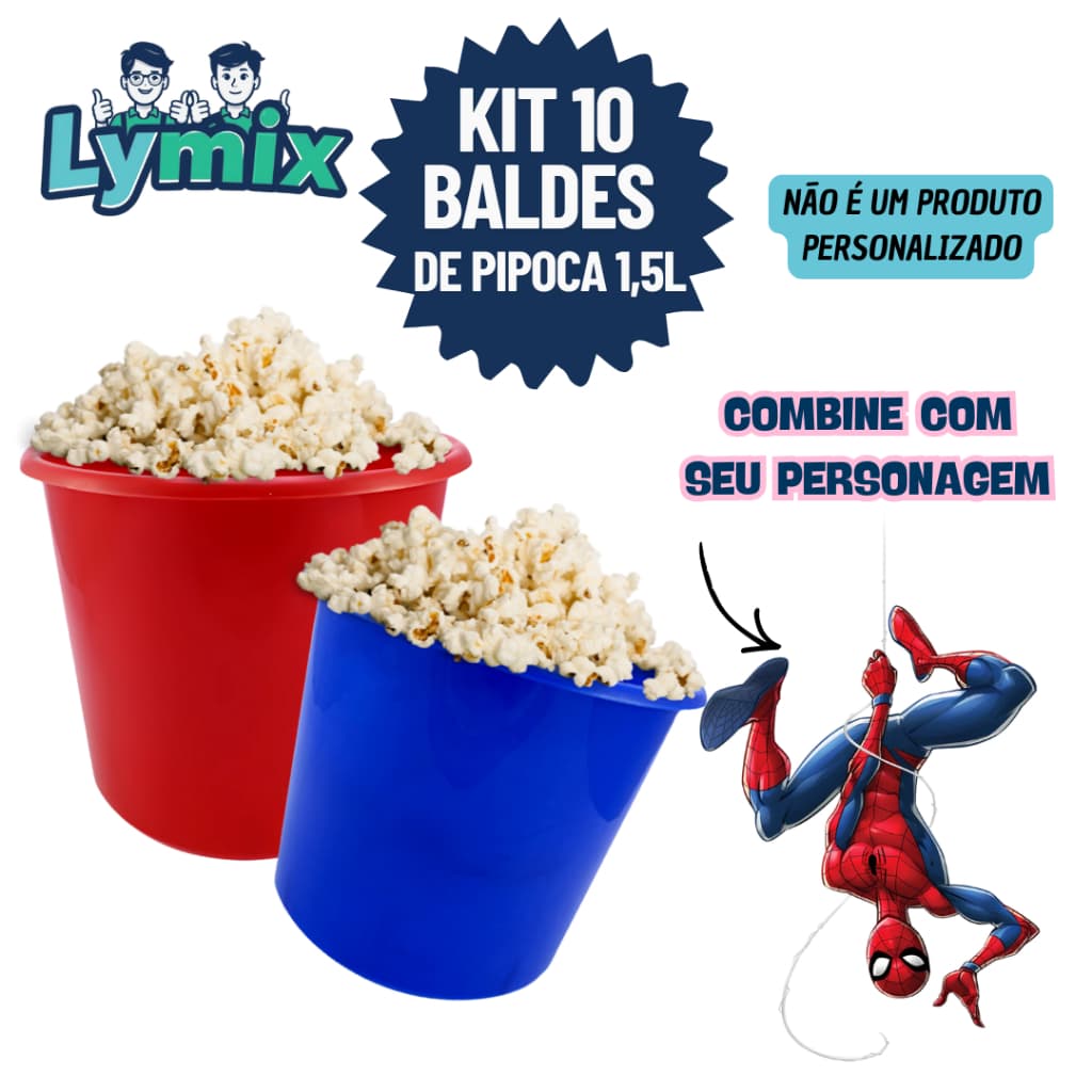 KIT 10 BALDES DE PIPOCA 1,5L PP PARA PERSONALIZAR E ADESIVAR FESTA/ HOMEM ARANHA - VARIOS TEMAS
