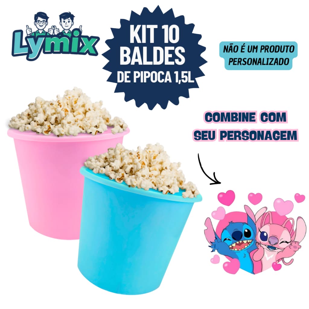 KIT 10 BALDES DE PIPOCA 1,5L PP PARA PERSONALIZAR E ADESIVAR FESTA/ STITCH- VARIOS TEMAS