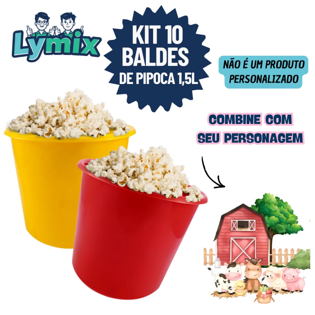 KIT 10 BALDES DE PIPOCA 1,5L PP PARA PERSONALIZAR E ADESIVAR FESTA/ FAZENDINHA - VARIOS TEMAS