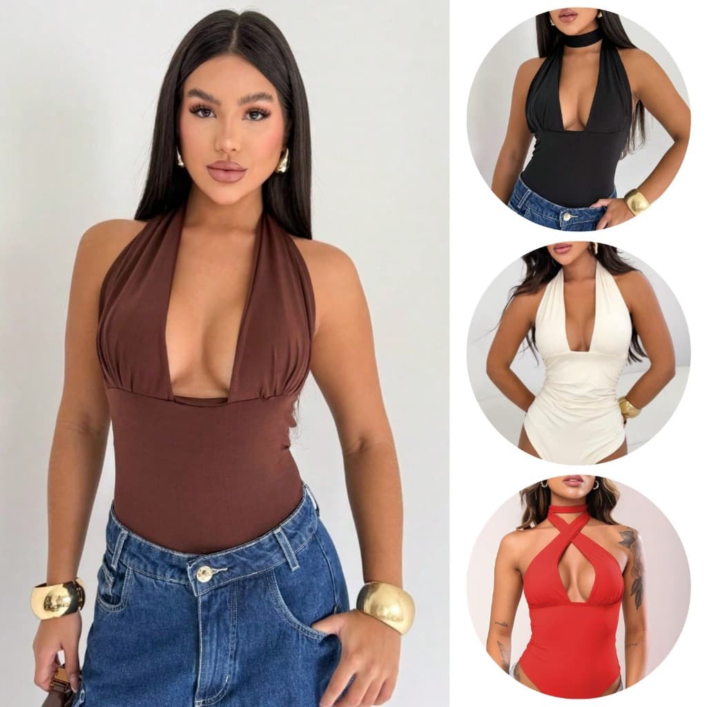 Body Feminino Multiformas Decote Amarração Costa Nua Aberta Amarrar no Pescoço Moda Gringa