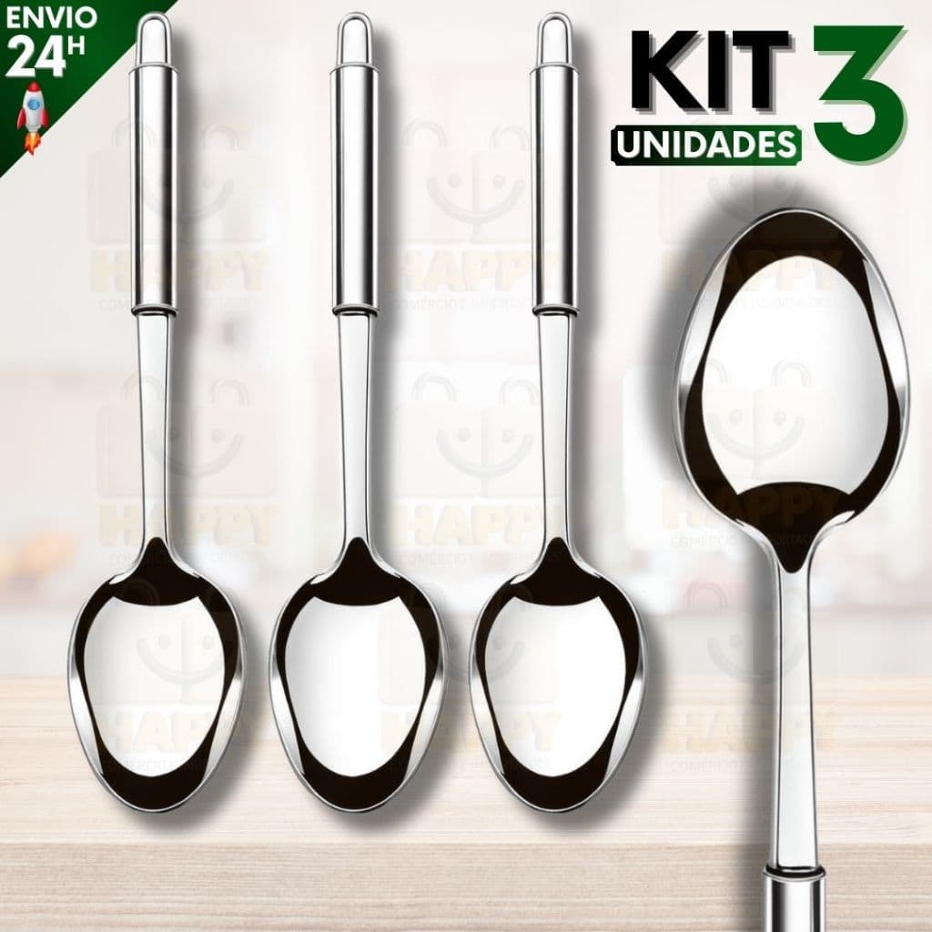 Kit 3 Colher Para Servir Arroz Inox Grande 34cm Utensílio Reforçado Para Cozinha e Restaurantes