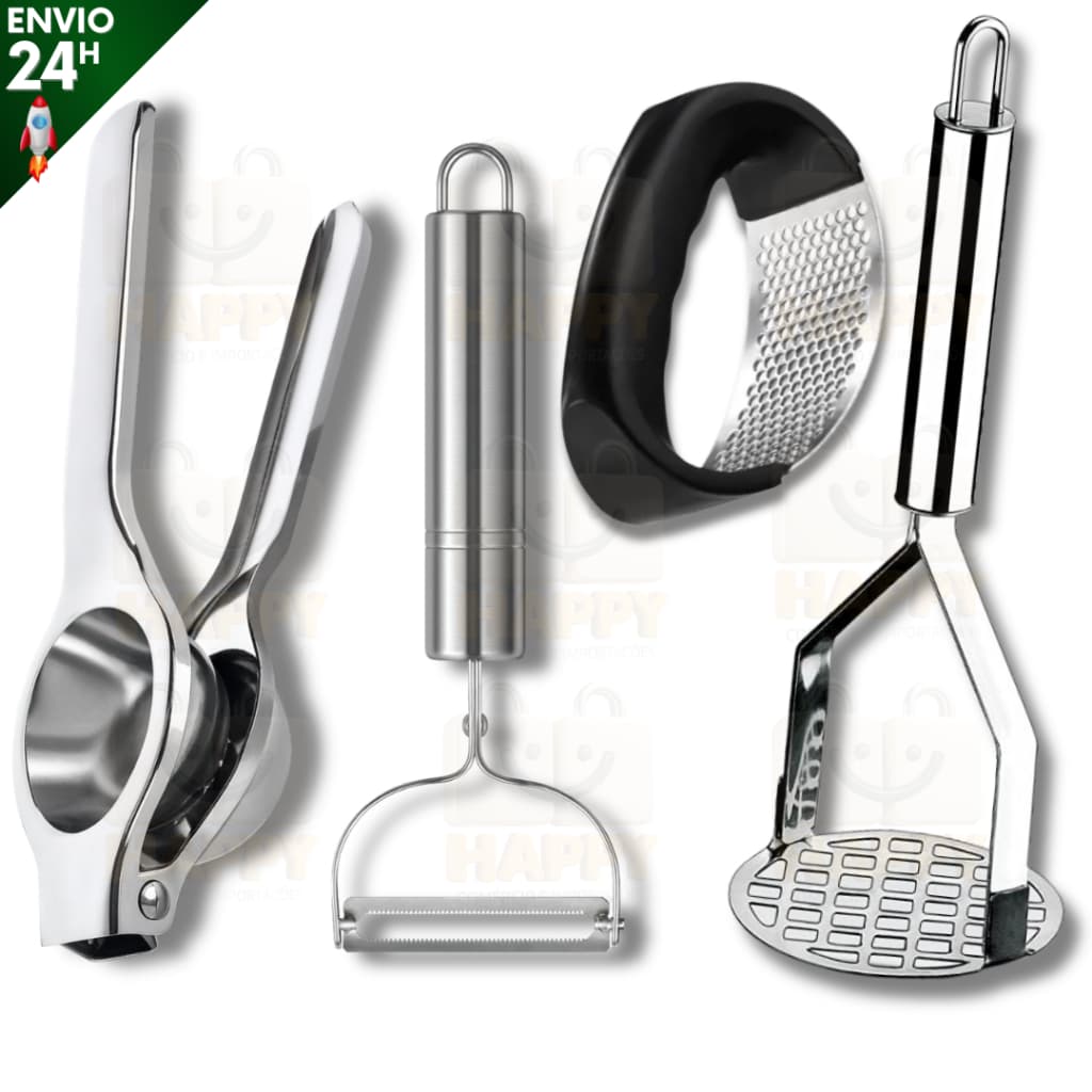 Kit Cozinha Descascador de Legumes Amassador de Batatas Espremedor de Limão e Alho em Aço Inox