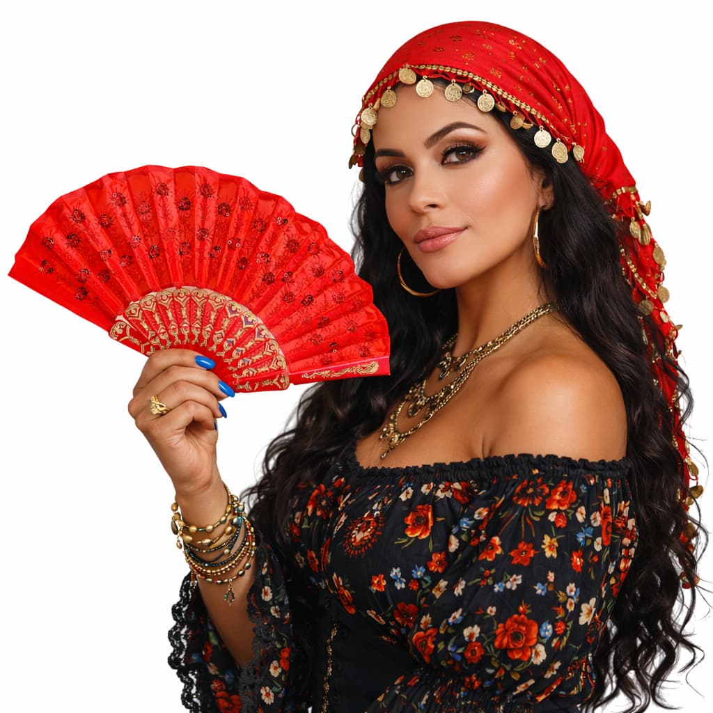 Leque Luxo Bordado Paetê Vermelho Pomba Gira Cigana Promoção