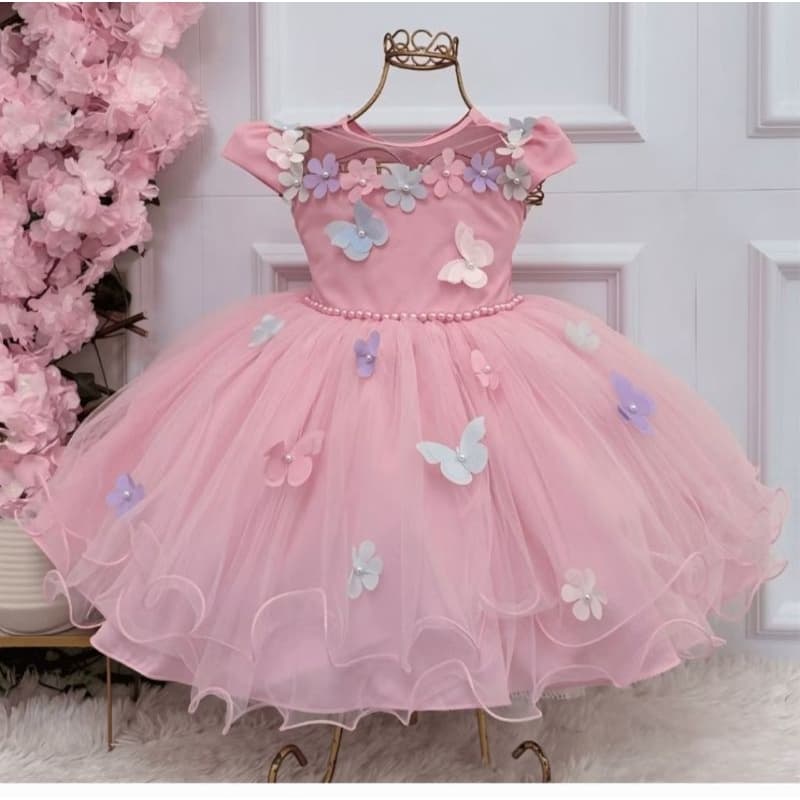 Vestido infantil luxo jardim encantado com apliques de borboletas, Rosa, lilás 1 ao 4 anos