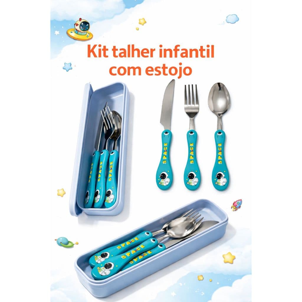 Kit Estojo Talher Infantil 3 Peças Aço Inox Espacial Colorido Criança Conjunto Colher Garfo Faca