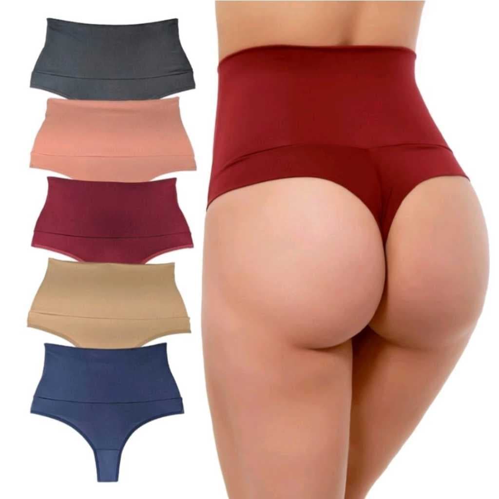 Kit 5 Calçinhas  Fio Duplo  Cinta Modeladora Cintura Alta Cós Alto Duplo Lingerie Feminina- Confortorto e Sustentação