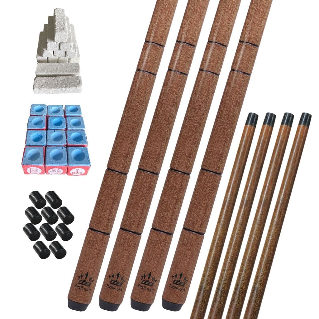 4 Tacos de Sinuca Ipê Inteiriços 1.45m 100% Reto + Kit GIz e 10 Ponteiras Durável