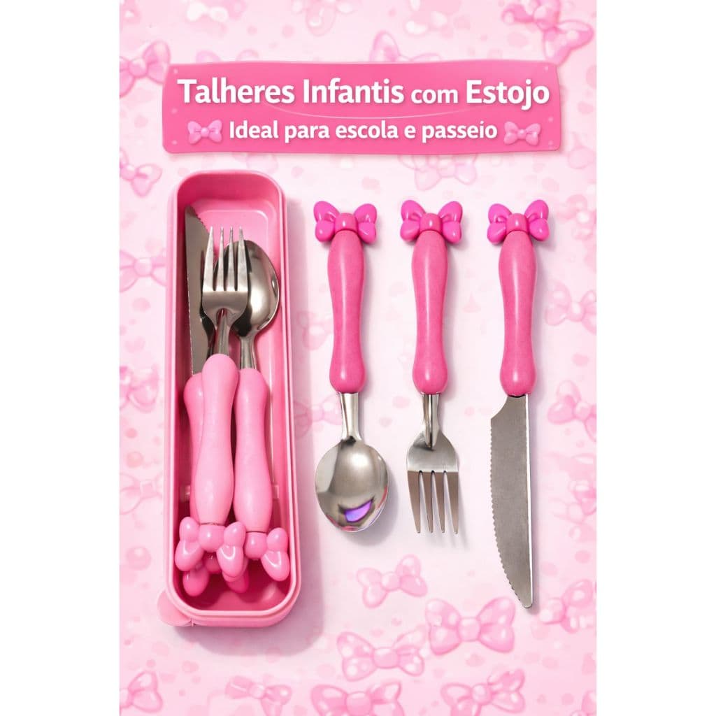 Kit Talher Rosa Divertido 3 peças Infantil Estojo Laço Menina Criança Aço Inox Garfo Faca Colher