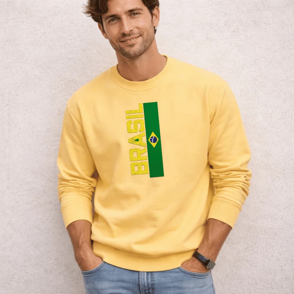 Moletom Masculino Blusa de Frio Gola Careca Estampado Brasil Copa 100% Algodão Quente e Confortável