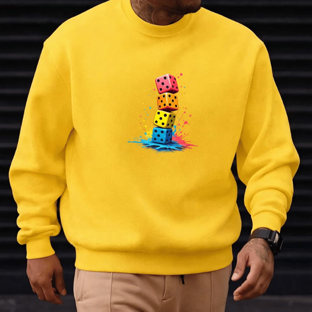 Moletom Masculino Blusa de Frio Gola Careca Estampado Dados Colorido 100% Algodão Quente e Confortável