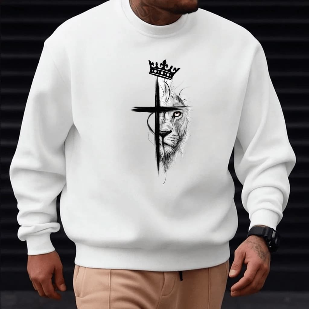 Moletom Masculino Blusa de Frio Gola Careca Estampado Leão Cruz Coroa 100% Algodão Quente e Confortável