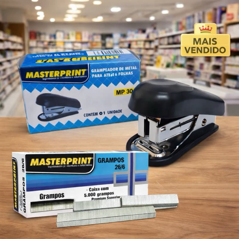 Grampeador Masterprint Metal + Grampos 26/6 | Até 16 Folhas | Escritório e Escola