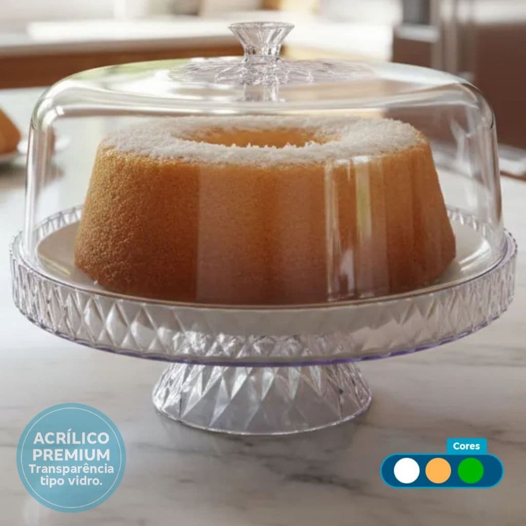 Boleira Borda Alta Com Pé e Tampa em Acrílico Transparente Resistente 26cm