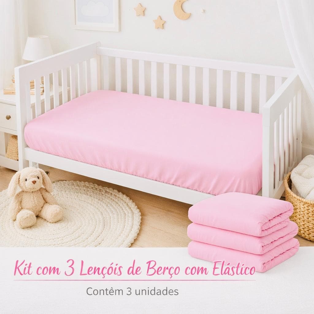Kit 3 Lençol Berço Americano Percal 400 Fios Macio com Elástico 130x70cm Menina e Menino