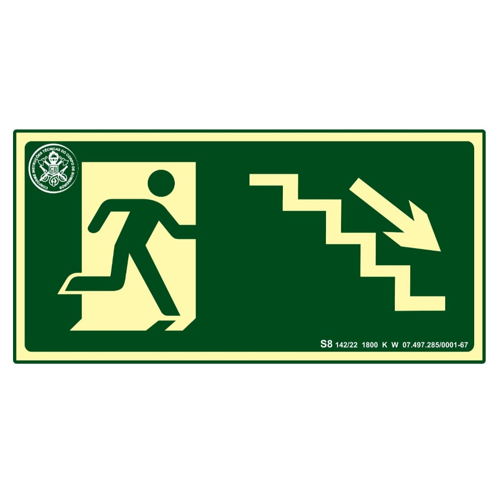 Kit 5 e 10 Placas de Sinalização Fotoluminescente Desce Escada Direita S8/ Desce Escada Esquerda S9