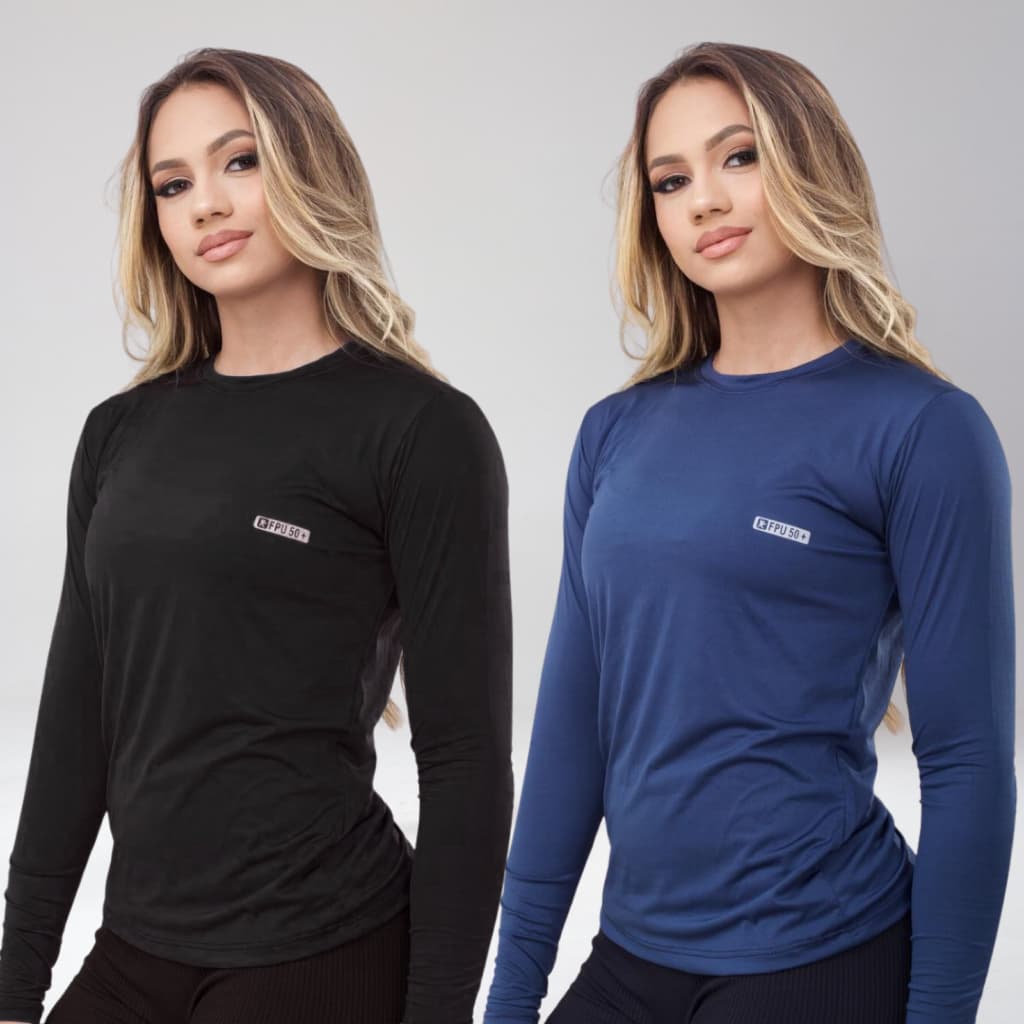 Kit 2 Camisa Térmica Feminina Proteção Uv 50+ Segunda Pele Camiseta Malha Fria Manga Longa UV