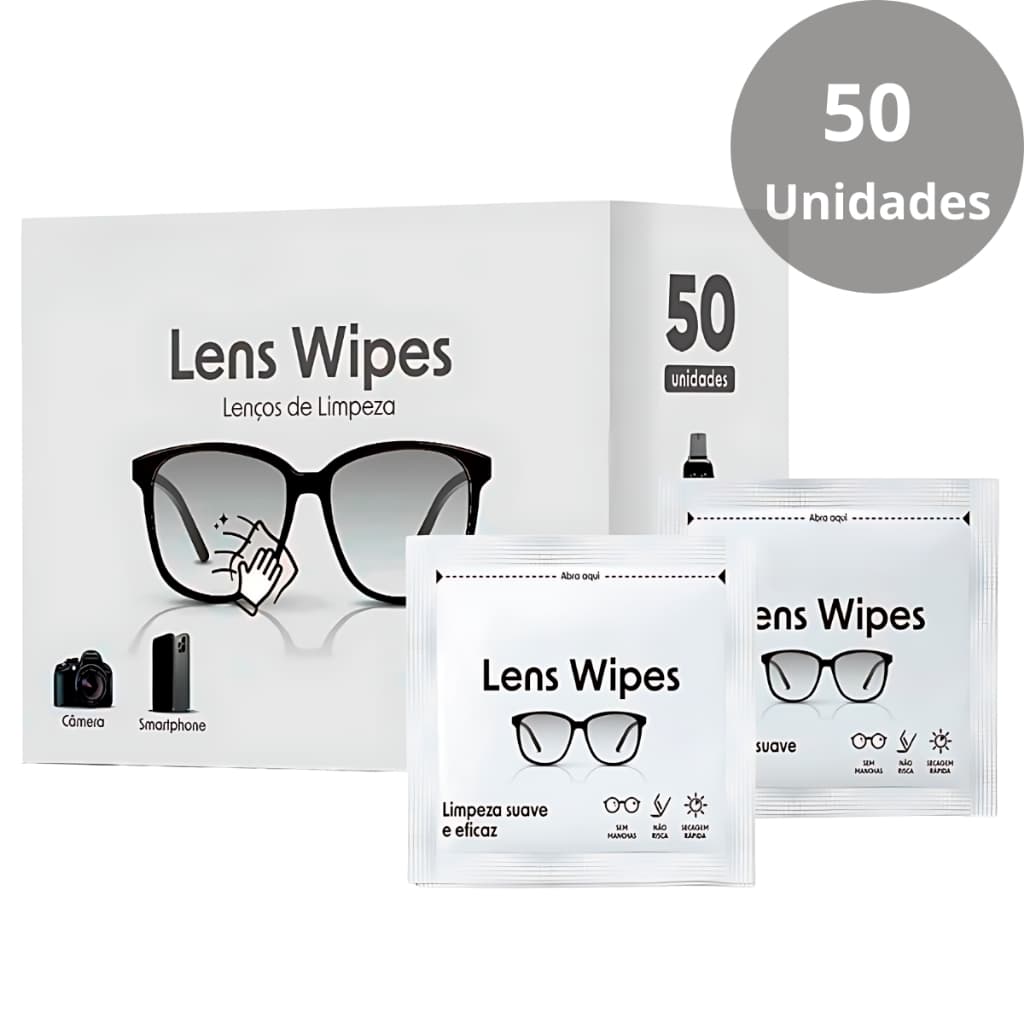 Lens Wipes 50 Lenços Umedecidos Limpeza Óculos Lentes Camera