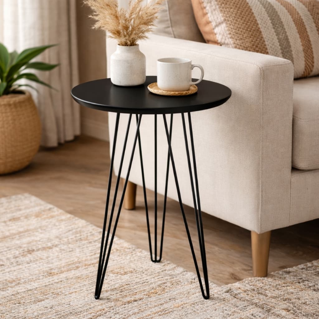 Mesinha Lateral Canto Apoio Redonda Mdf Mesa De Centro Alta Pés Em Aço Estilo Industrial Moderna