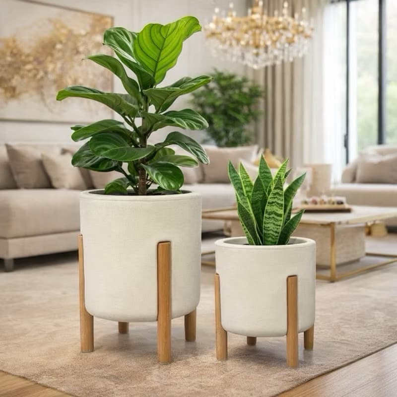 Kit 2 Vasos De Planta Mônaco P & M (29&37CM) // Cilíndrico com pé em Madeira Design Moderno