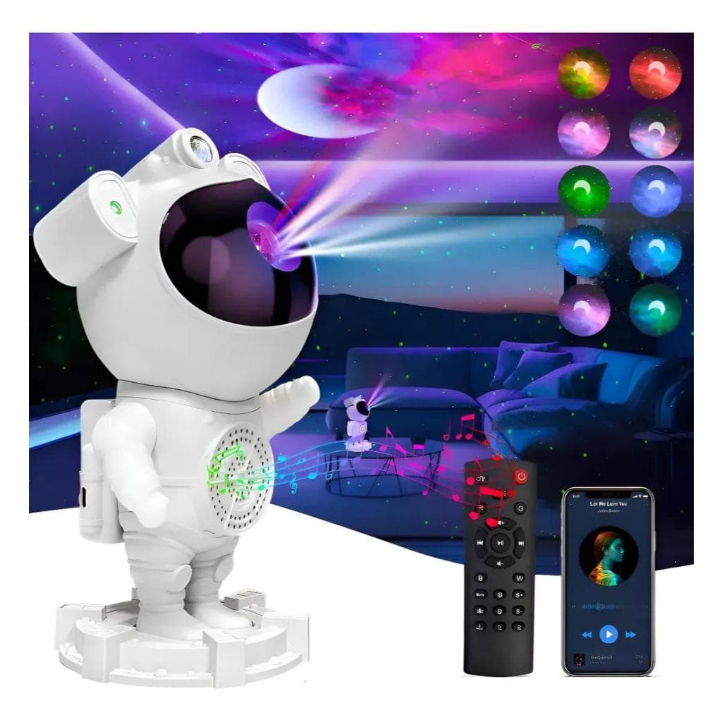 Luminária Astronauta com Caixa de Som Bluetooth Projetor De Luz Galáxia Estrelas